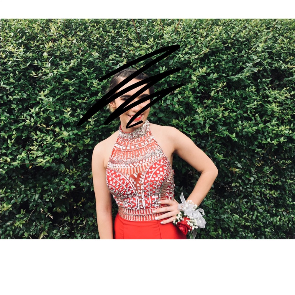 red rachel allan 2 piece prom dress
